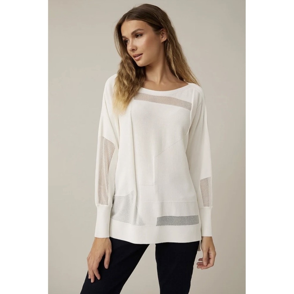 Joseph Ribkoff Knit Sweater Patchwork White Lagenlook Oversized Tunic Medium